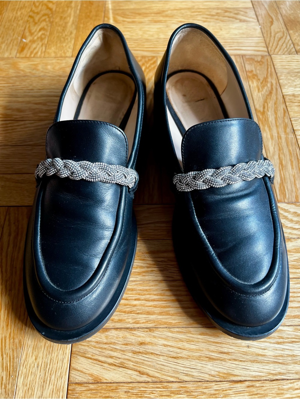 Stuart Weitzman Palmer Crystal-Braid Calfskin Loafers (US 10)